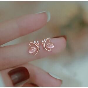 Pink Moonstone Opal Style Pink Butterfly Earrings, Cute Animal Jewelry for Girls